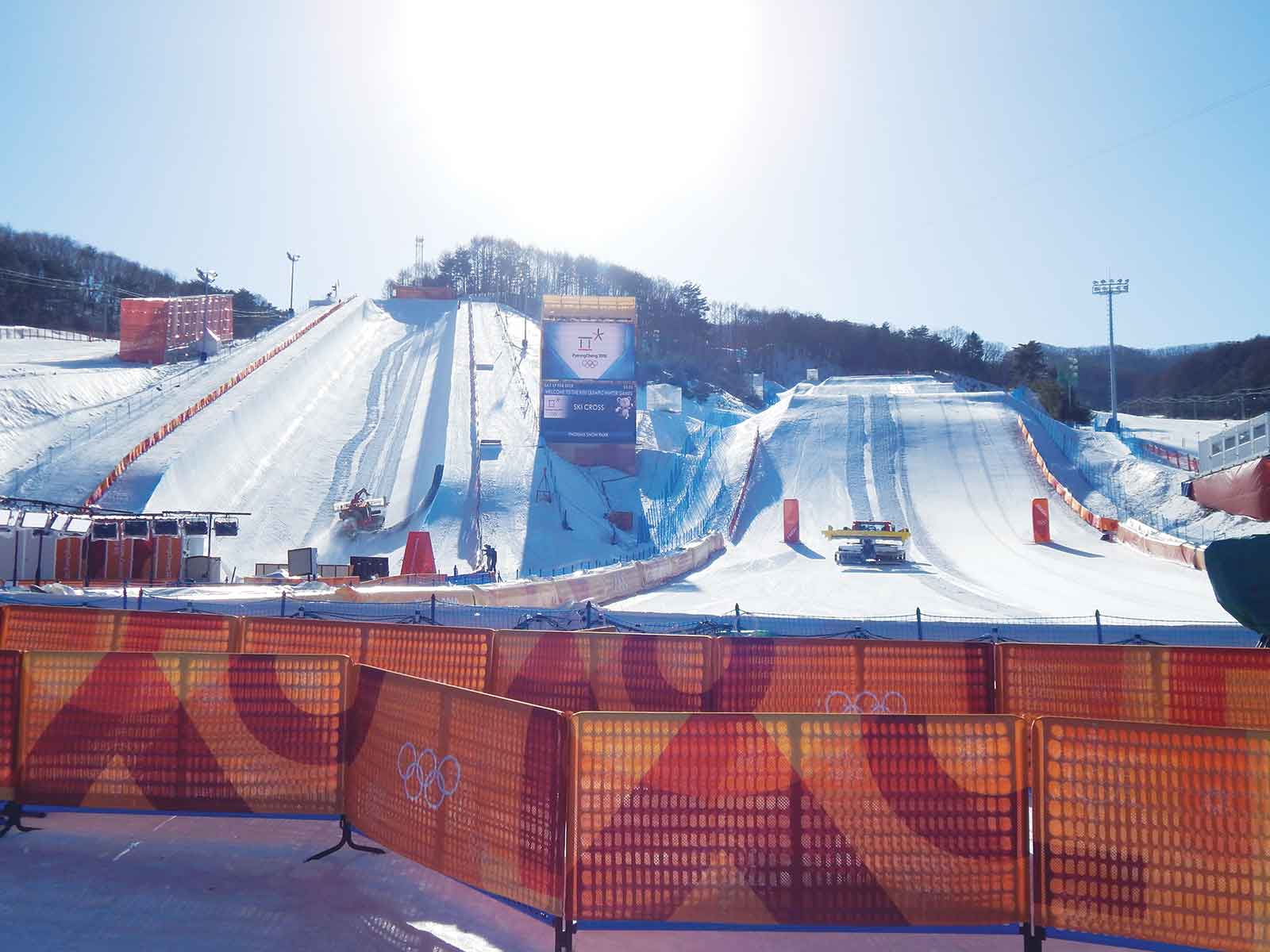 A view from the finish-line area of Jake and his team's super-pipe and boarder-cross venues at the 2018 Olympics in South Korea.