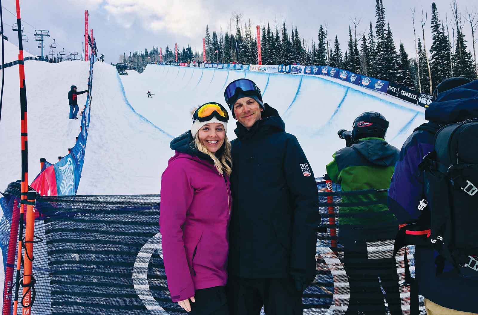 Jake Ingle and his wife, Clare, prepare to watch one of the fruits of Jake’s labor——the Grand Prix super-pipe event in Snowmass, Co.
