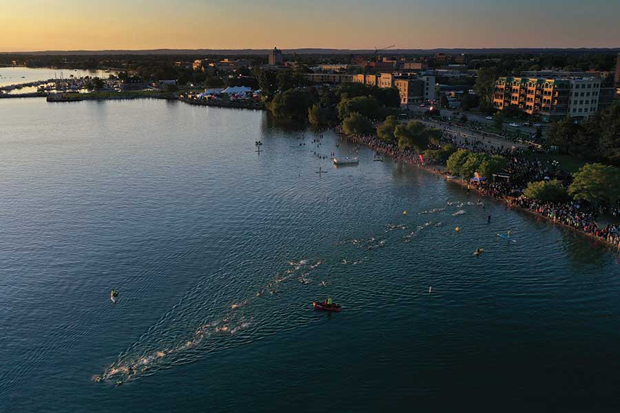 Ariel view of the swim leg at the IRONMAN 70.3 Traverse City.